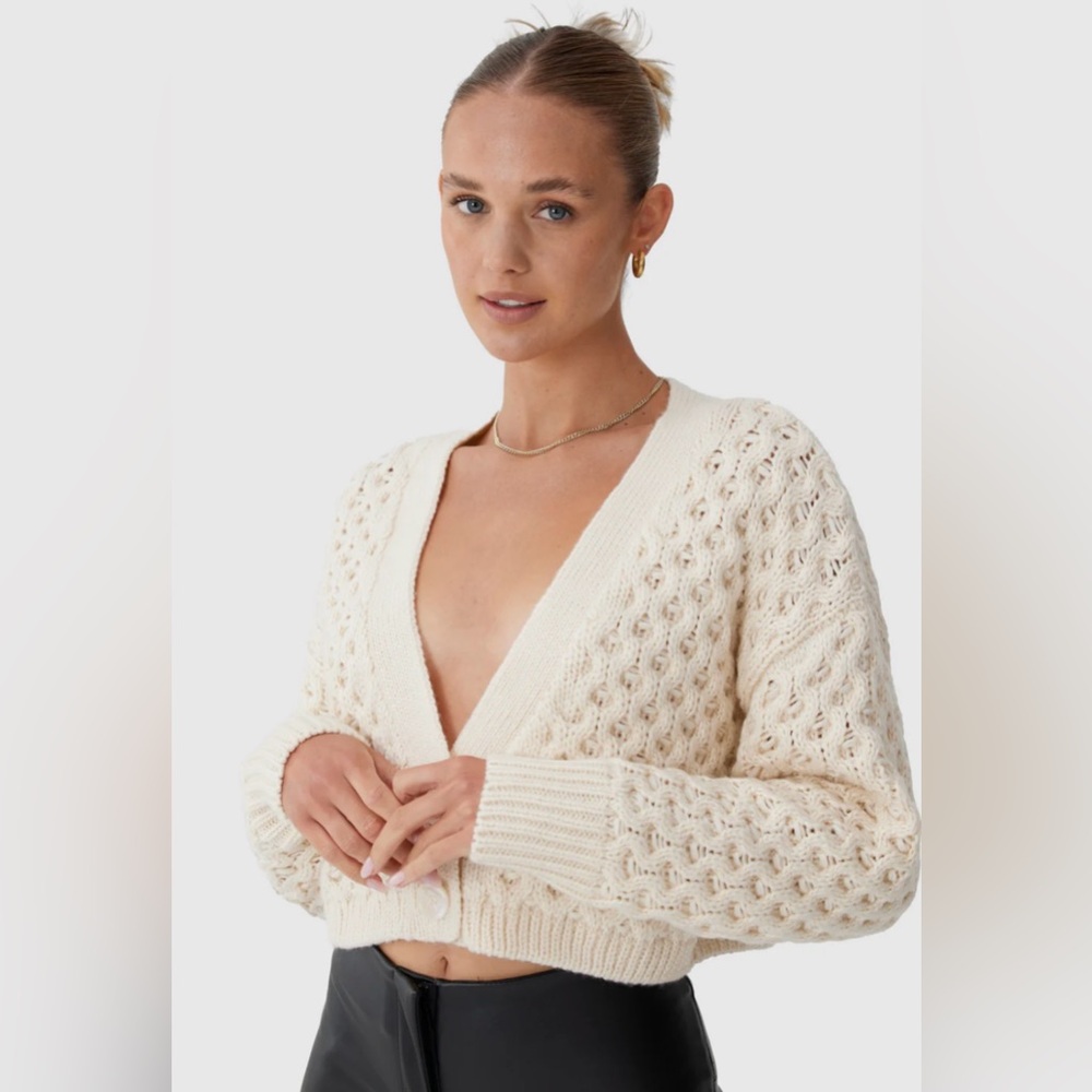 NWOT Finders Keepers Mabel Chunky Knit Cropped Cardigan Wool Blend Cream Size M